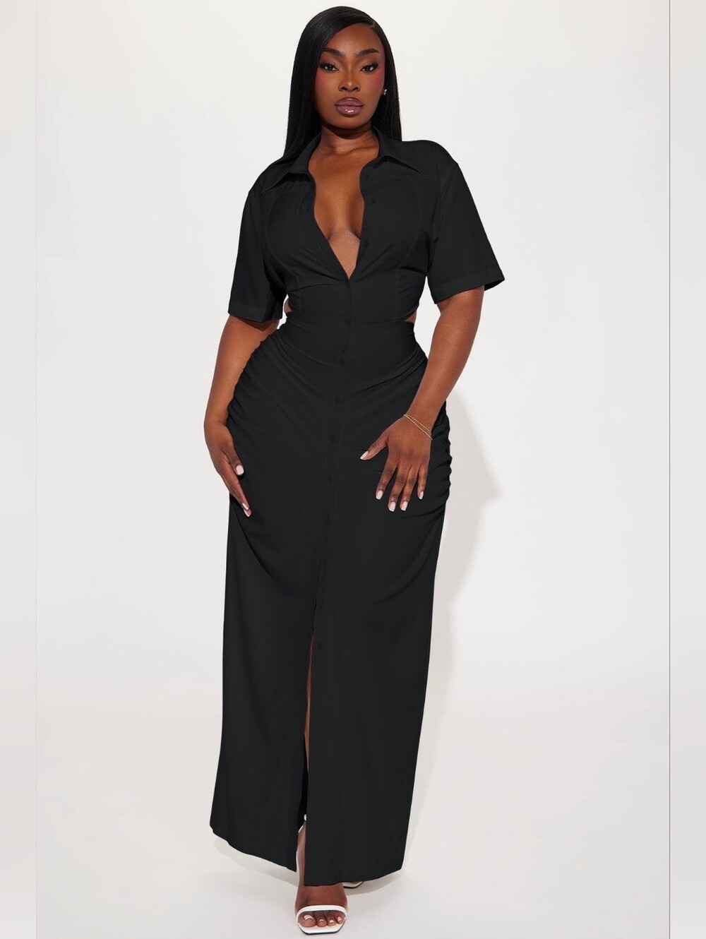 Fashion Nova Black Button-Front Maxi Dress with Cutout Waist